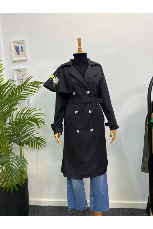 4401 - İşleme Detaylı Tesettür Trençkot Si̇yah-F1 4401 - İşleme Detaylı Tesettür Trençkot Si̇yah-F1