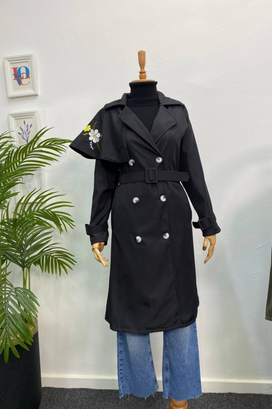 4401 - İşleme Detaylı Tesettür Trençkot Si̇yah-F1