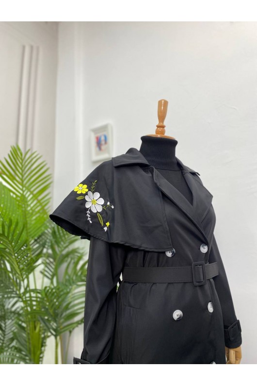 4401 - İşleme Detaylı Tesettür Trençkot Si̇yah-F1 4401 - İşleme Detaylı Tesettür Trençkot Si̇yah-F1