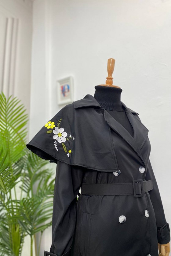 4401 - İşleme Detaylı Tesettür Trençkot Si̇yah-F1