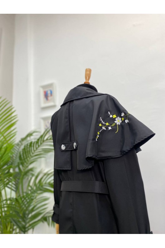 4401 - İşleme Detaylı Tesettür Trençkot Si̇yah-F1 4401 - İşleme Detaylı Tesettür Trençkot Si̇yah-F1