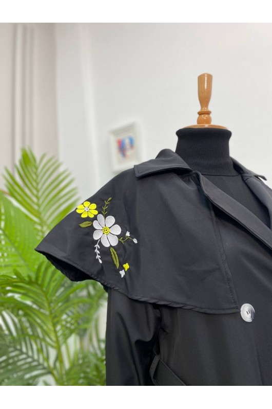 4401 - İşleme Detaylı Tesettür Trençkot Si̇yah-F1 4401 - İşleme Detaylı Tesettür Trençkot Si̇yah-F1