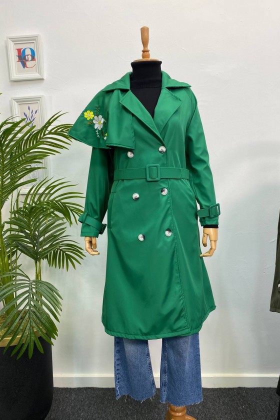 4401 - İşleme Detaylı Tesettür Trençkot Yeşi̇l-F1