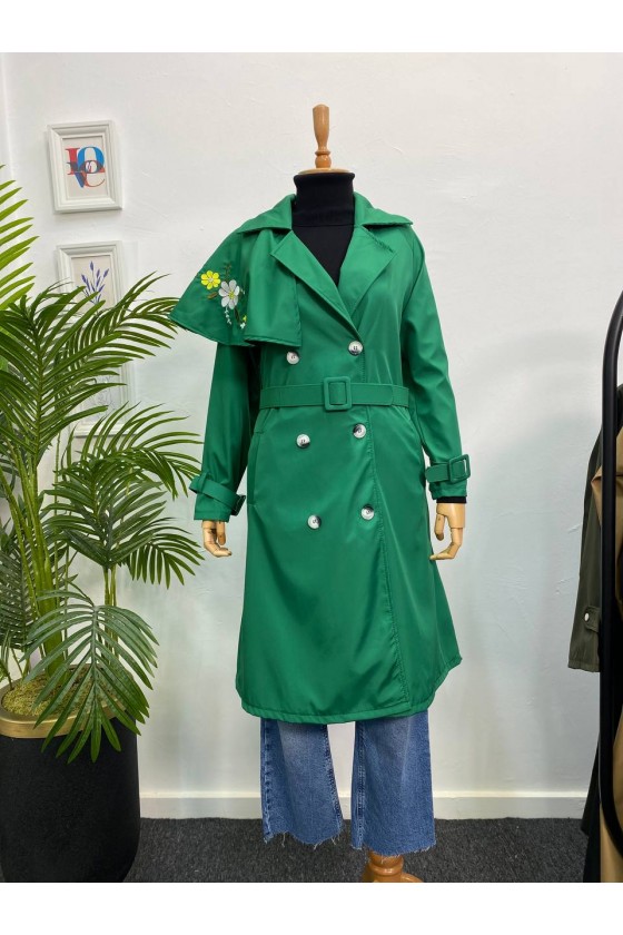 4401 - İşleme Detaylı Tesettür Trençkot Yeşi̇l-F1