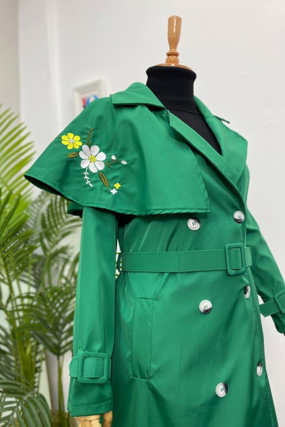 4401 - İşleme Detaylı Tesettür Trençkot Yeşi̇l-F1