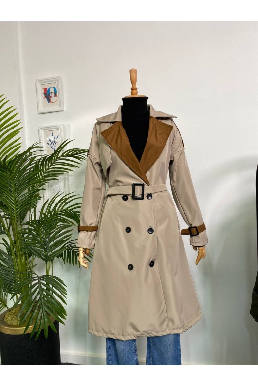4425 Çift Renk Tesettür Trençkot Bej - Kahverengi-D4