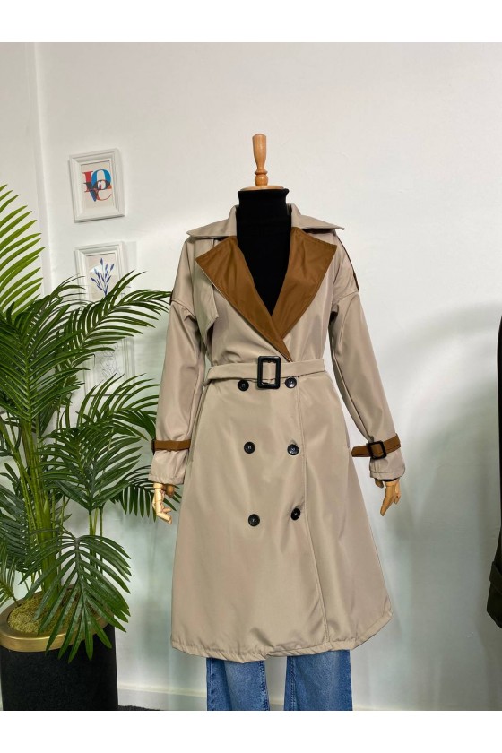 4425 Çift Renk Tesettür Trençkot Bej - Kahverengi-D4