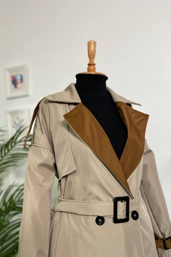 4425 Çift Renk Tesettür Trençkot Bej - Kahverengi-D4