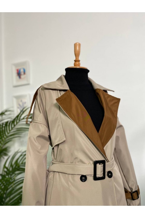 4425 Çift Renk Tesettür Trençkot Bej - Kahverengi-D4