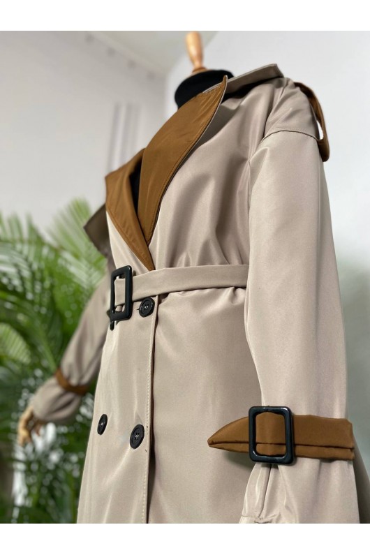 4425 Çift Renk Tesettür Trençkot Bej - Kahverengi-D4