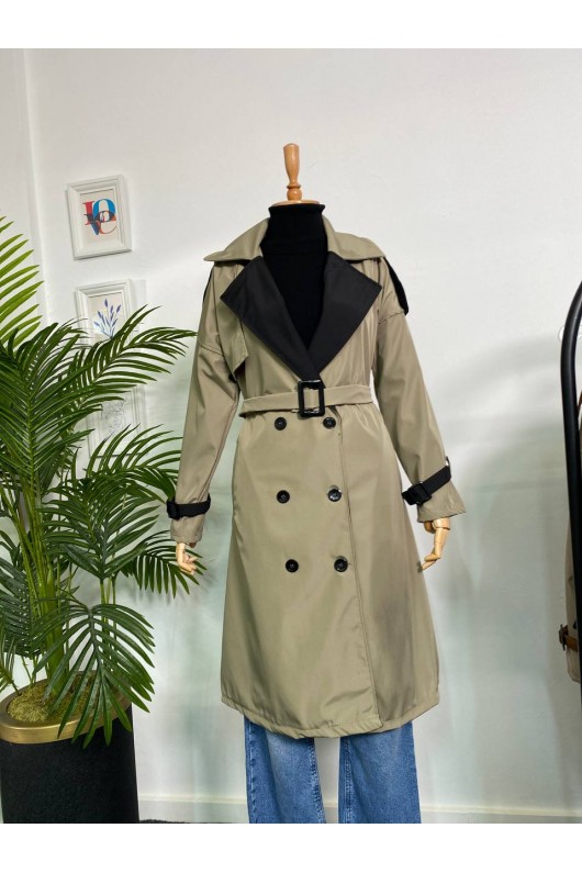 4425 Çift Renk Tesettür Trençkot Haki - Siyah-D4 4425 Çift Renk Tesettür Trençkot Haki - Siyah-D4