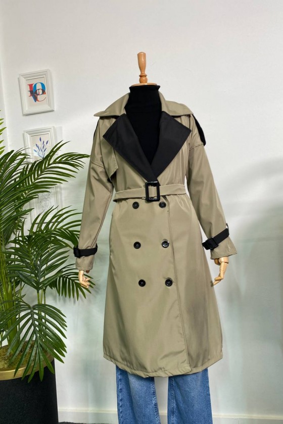 4425 Çift Renk Tesettür Trençkot Haki - Siyah-D4