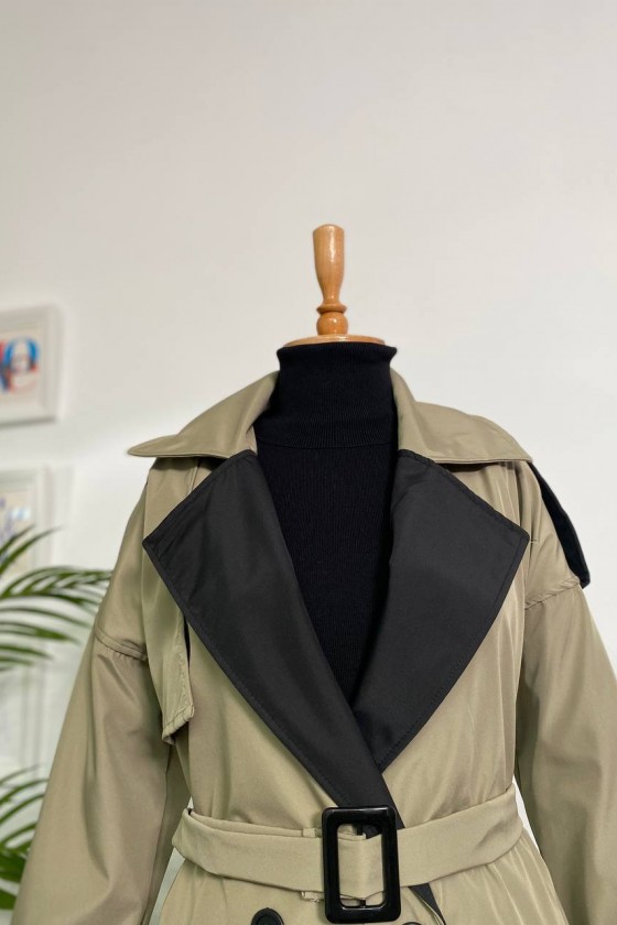 4425 Çift Renk Tesettür Trençkot Haki - Siyah-D4