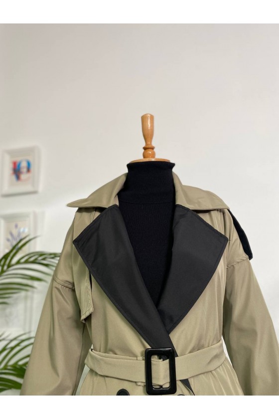 4425 Çift Renk Tesettür Trençkot Haki - Siyah-D4 4425 Çift Renk Tesettür Trençkot Haki - Siyah-D4