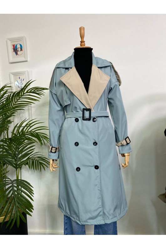 4425 Çift Renk Tesettür Trençkot Bebe Mavisi - Bej-D4 4425 Çift Renk Tesettür Trençkot Bebe Mavisi - Bej-D4
