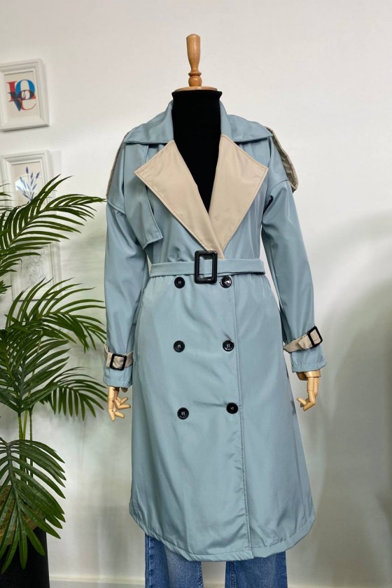 4425 Çift Renk Tesettür Trençkot Bebe Mavisi - Bej-D4