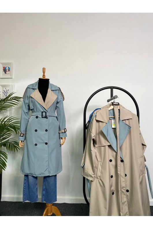 4425 Çift Renk Tesettür Trençkot Bebe Mavisi - Bej-D4 4425 Çift Renk Tesettür Trençkot Bebe Mavisi - Bej-D4