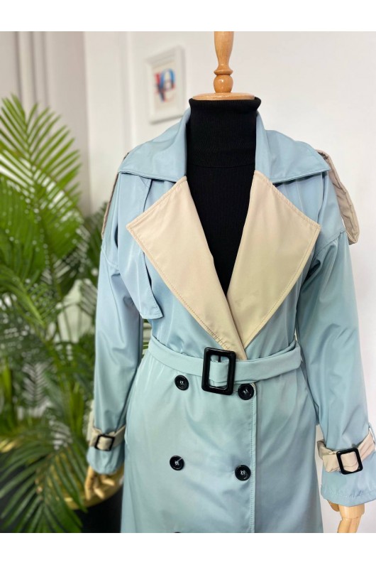 4425 Çift Renk Tesettür Trençkot Bebe Mavisi - Bej-D4 4425 Çift Renk Tesettür Trençkot Bebe Mavisi - Bej-D4