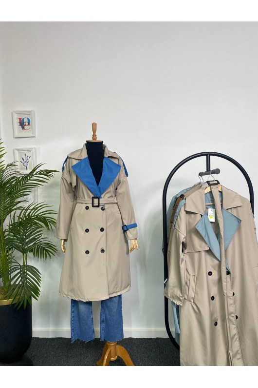 4425 Çift Renk Tesettür Trençkot Bej - Mavi-D4 4425 Çift Renk Tesettür Trençkot Bej - Mavi-D4