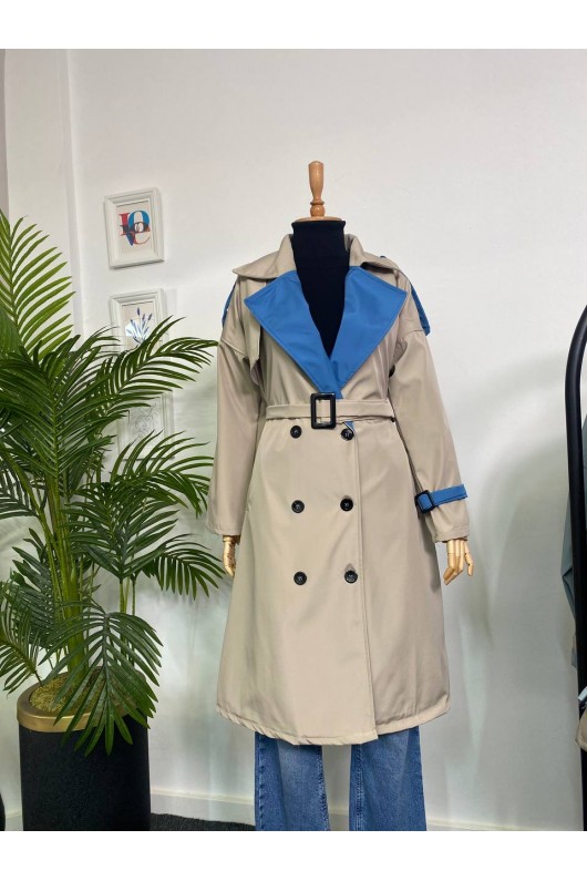 4425 Çift Renk Tesettür Trençkot Bej - Mavi-D4 4425 Çift Renk Tesettür Trençkot Bej - Mavi-D4