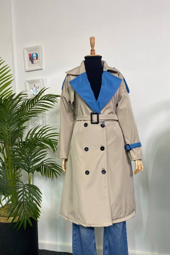 4425 Çift Renk Tesettür Trençkot Bej - Mavi-D4