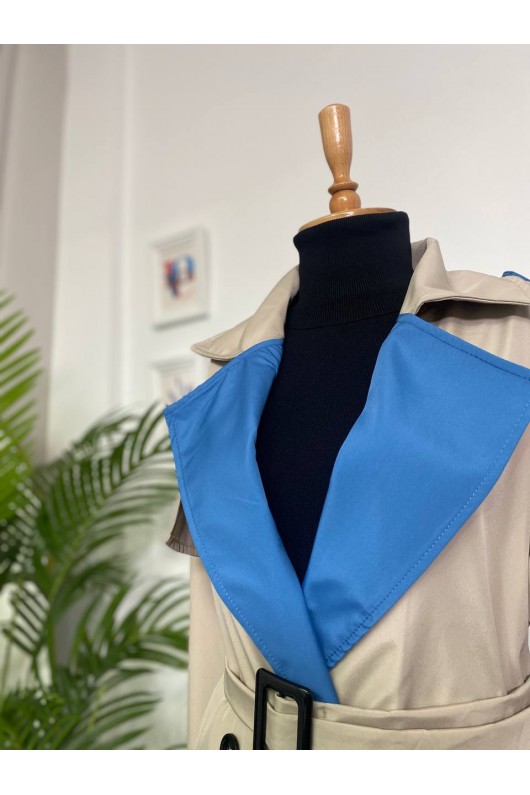 4425 Çift Renk Tesettür Trençkot Bej - Mavi-D4 4425 Çift Renk Tesettür Trençkot Bej - Mavi-D4