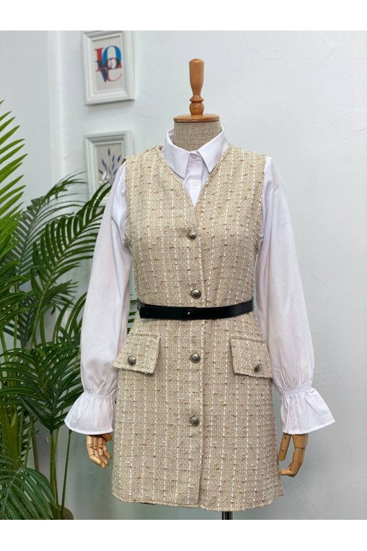 4111-Simli Kumaş Gömlek Ceket Tesettür Takım  Bej-C4