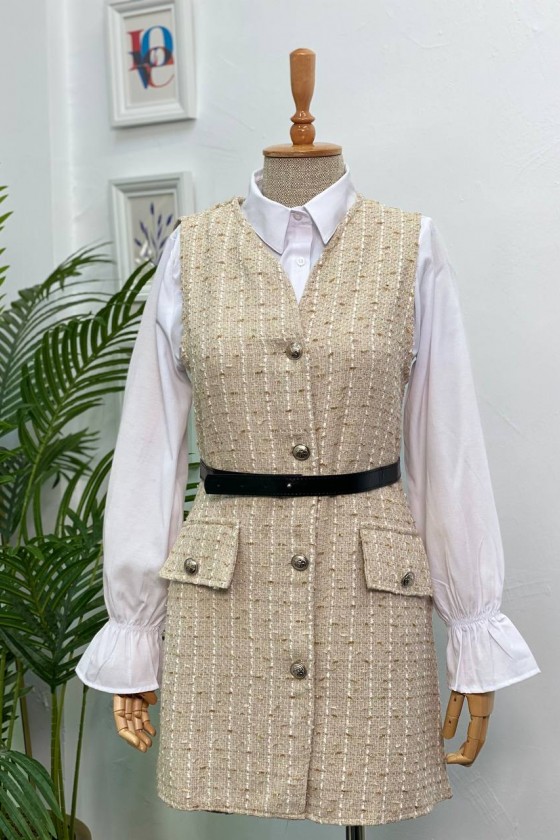 4111-Simli Kumaş Gömlek Ceket Tesettür Takım  Bej-C4