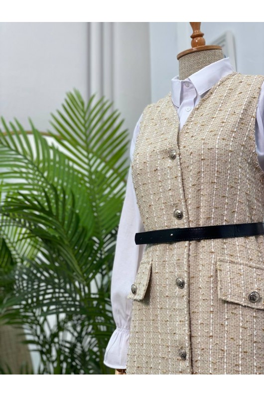 4111-Simli Kumaş Gömlek Ceket Tesettür Takım  Bej-C4