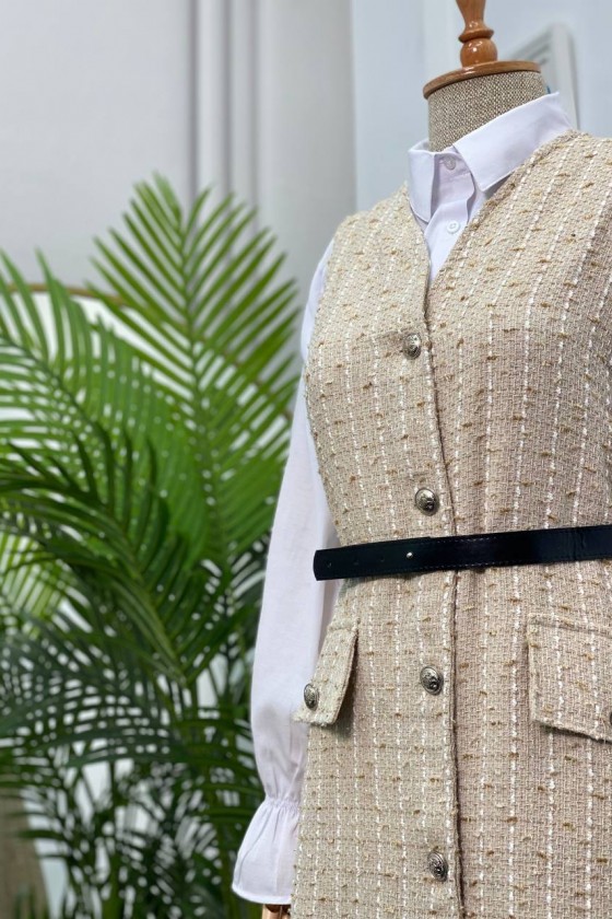 4111-Simli Kumaş Gömlek Ceket Tesettür Takım  Bej-C4