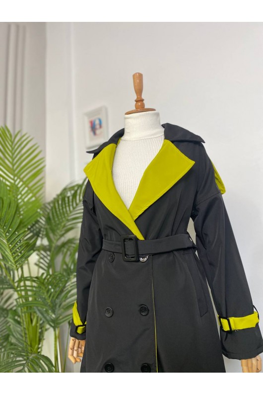 4425 Çift Renk Tesettür Trençkot Siyah - Yağ Yeşili-D4 4425 Çift Renk Tesettür Trençkot Siyah - Yağ Yeşili-D4
