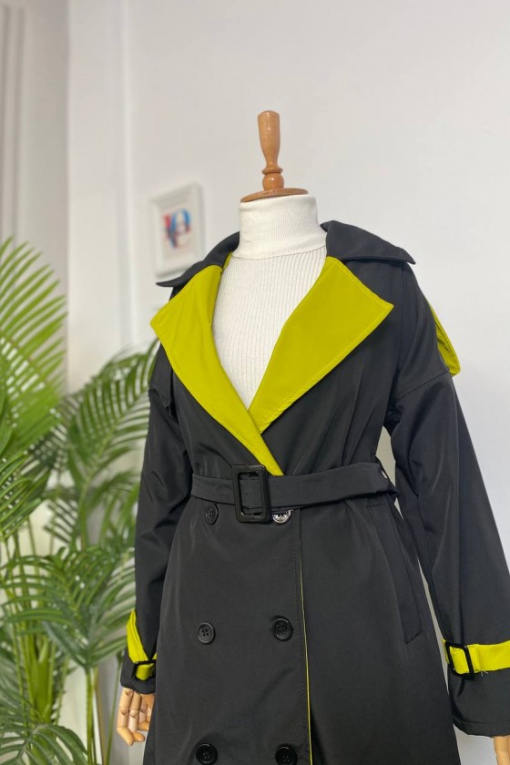 4425 Çift Renk Tesettür Trençkot Siyah - Yağ Yeşili-D4