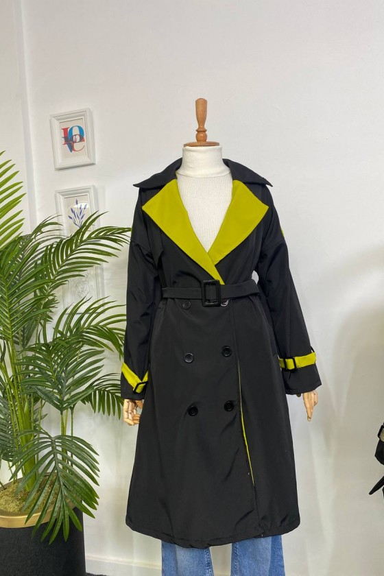4425 Çift Renk Tesettür Trençkot Siyah - Yağ Yeşili-D4