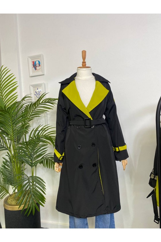 4425 Çift Renk Tesettür Trençkot Siyah - Yağ Yeşili-D4 4425 Çift Renk Tesettür Trençkot Siyah - Yağ Yeşili-D4