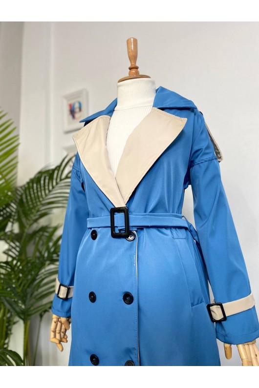 4425 Çift Renk Tesettür Trençkot Mavi - Bej-D4