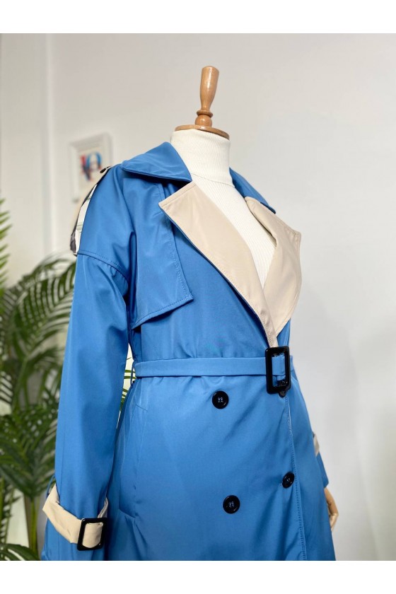 4425 Çift Renk Tesettür Trençkot Mavi - Bej-D4