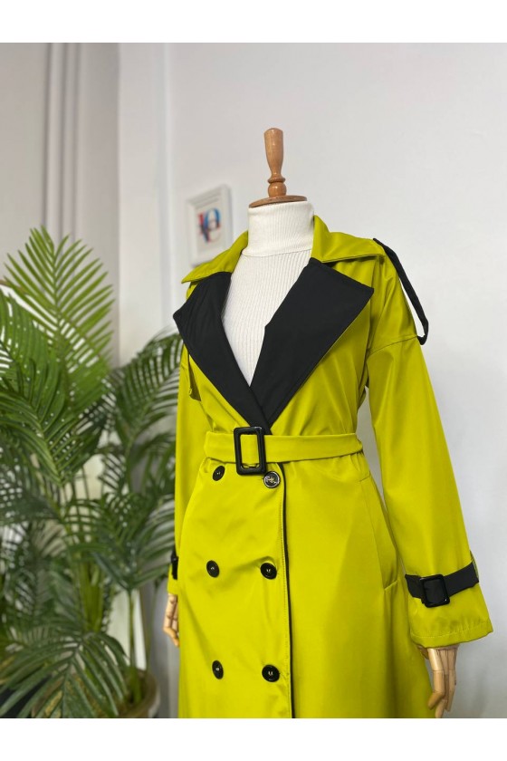 4425 Çift Renk Tesettür Trençkot Yağ Yeşili - Siyah-D4