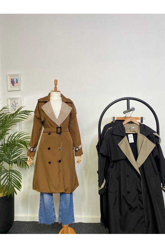 4425 Çift Renk Tesettür Trençkot Kahverengi - Bej-D4 4425 Çift Renk Tesettür Trençkot Kahverengi - Bej-D4