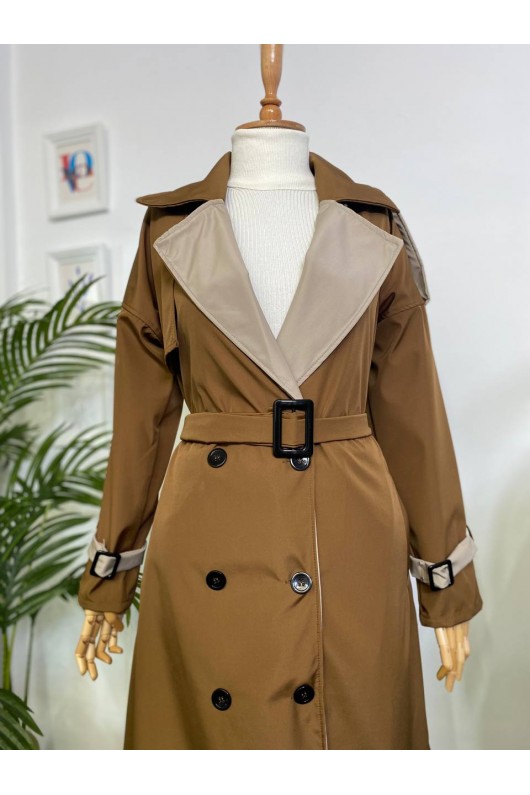 4425 Çift Renk Tesettür Trençkot Kahverengi - Bej-D4 4425 Çift Renk Tesettür Trençkot Kahverengi - Bej-D4