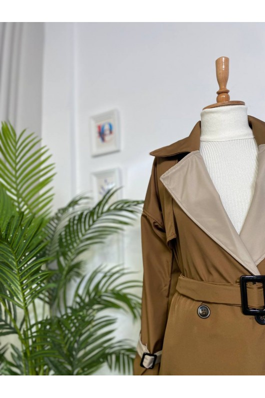 4425 Çift Renk Tesettür Trençkot Kahverengi - Bej-D4 4425 Çift Renk Tesettür Trençkot Kahverengi - Bej-D4