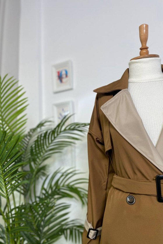 4425 Çift Renk Tesettür Trençkot Kahverengi - Bej-D4