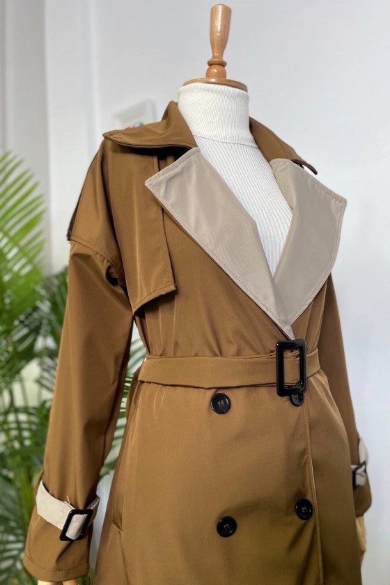 4425 Çift Renk Tesettür Trençkot Kahverengi - Bej-D4