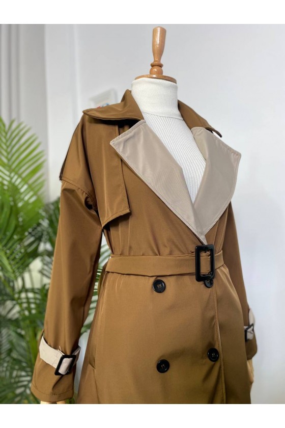 4425 Çift Renk Tesettür Trençkot Kahverengi - Bej-D4