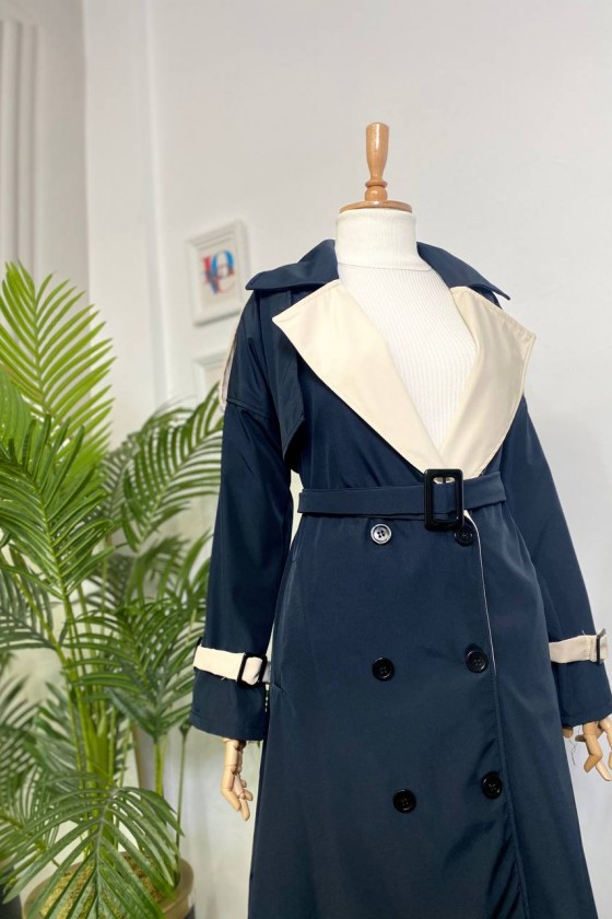 4425 Çift Renk Tesettür Trençkot Laci̇vert-D4