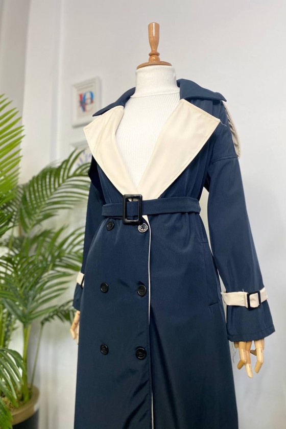 4425 Çift Renk Tesettür Trençkot Laci̇vert-D4