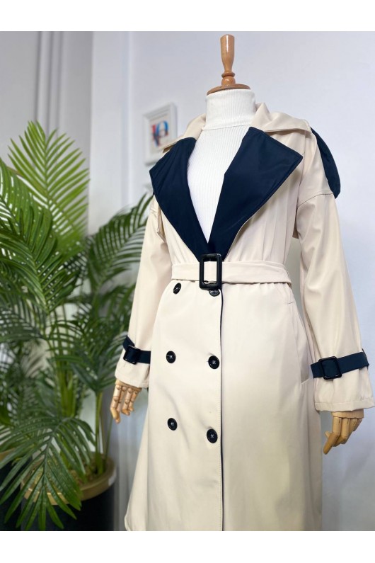 4425 Çift Renk Tesettür Trençkot Bej-D4