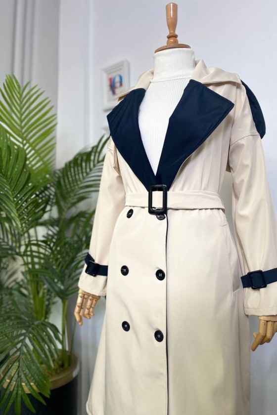 4425 Çift Renk Tesettür Trençkot Bej-D4