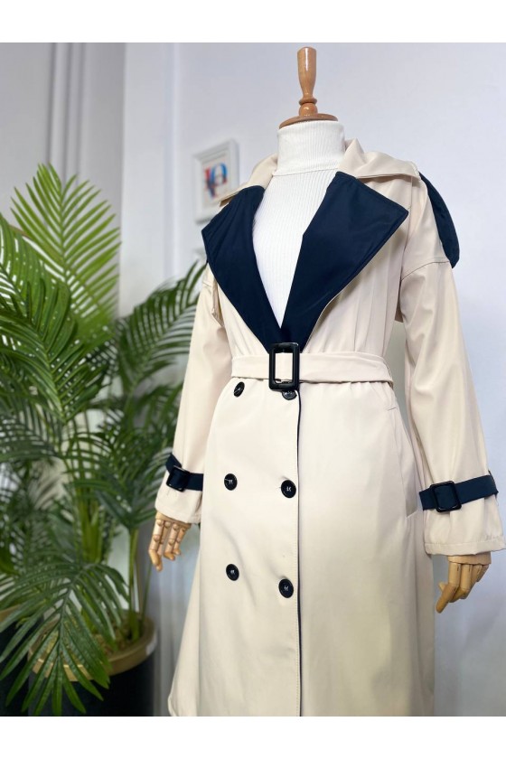 4425 Çift Renk Tesettür Trençkot Bej-D4