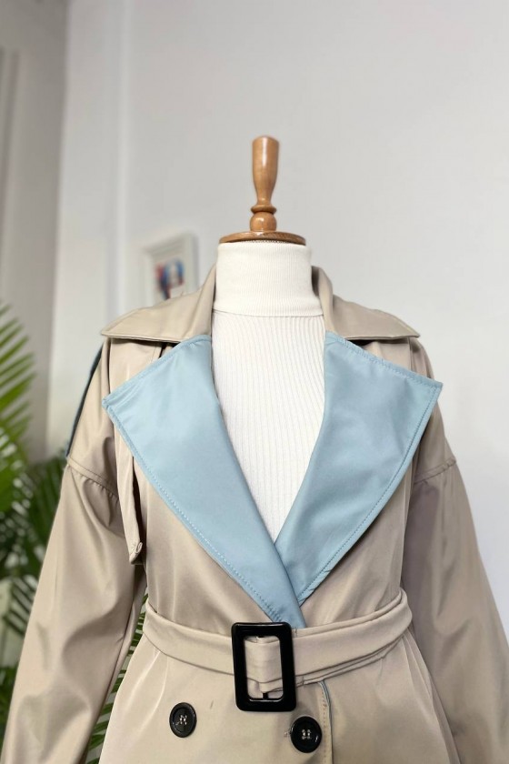 4425 Çift Renk Tesettür Trençkot Bej - Bebe Mavisi-D4