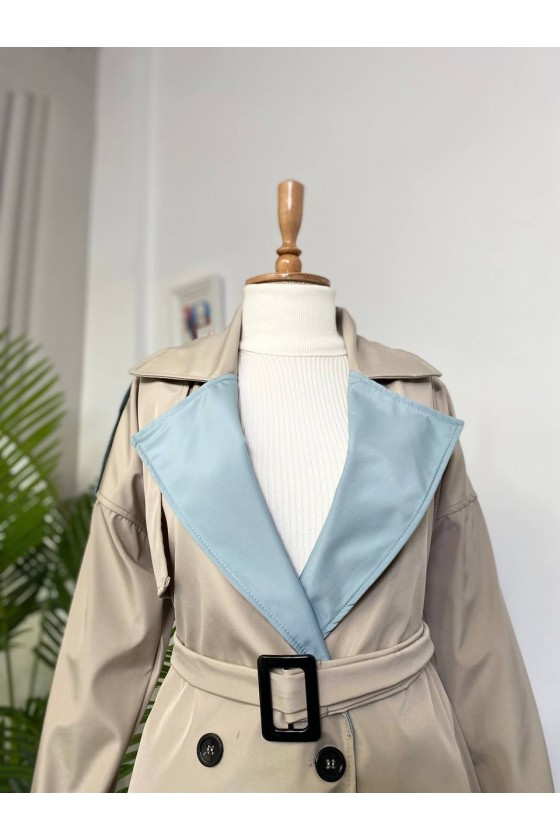 4425 Çift Renk Tesettür Trençkot Bej - Bebe Mavisi-D4 4425 Çift Renk Tesettür Trençkot Bej - Bebe Mavisi-D4